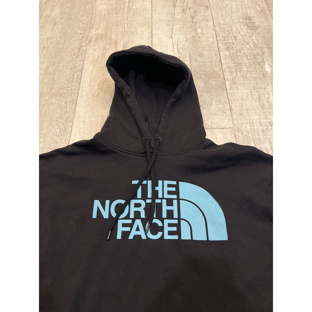 The North Face Womens Black Cropped Hoodie Blue Logo Sweatshirt Size Medium